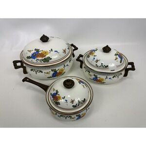Enamel‎ Cookware Enamelware Floral Lidded Pot  Brass Handles 6 pc. Set Vintage